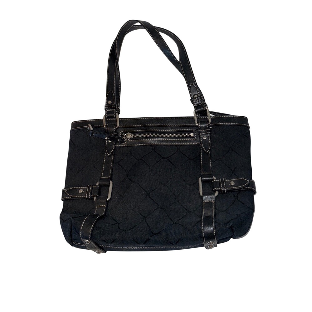 Nine West Womens Black Jacquard Canvas Shoulder Bag Buckle Detail Faux Leather